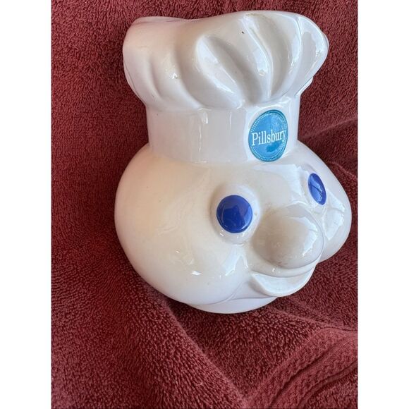 Pilsbury Doughboy ceramic cream glossy cookie jar head 90s blue eyes - Picture 2 of 3